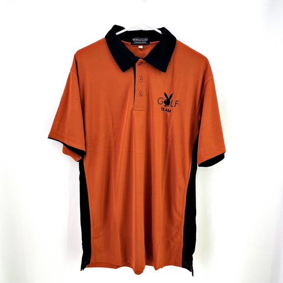 NEW Burnt Orange BLK Collar Playboy 'Golf Team' Polo Tourn Y2K M Wick Quck Dry M - Picture 1 of 4
